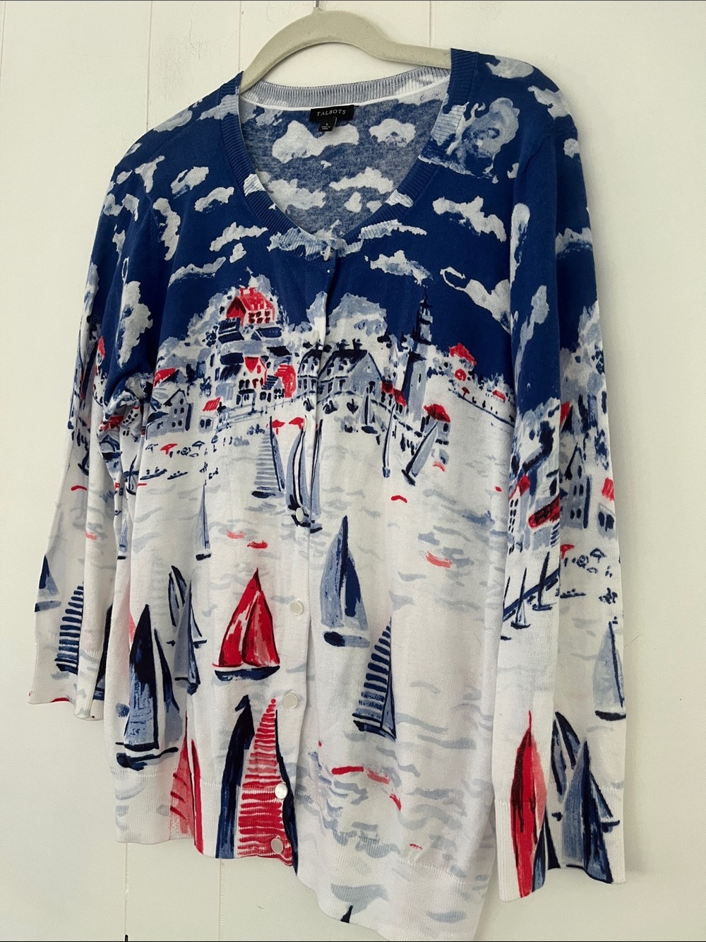 TALBOTS Sailboat Regatta Cotton Cardigan Size Large  Nautical - Picture 8 of 15